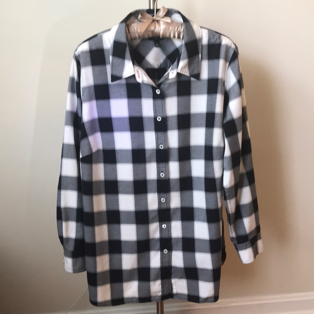 Talbots Black and Ivory Buffalo Plaid Check 100% Cotton Blouse. Size 1X